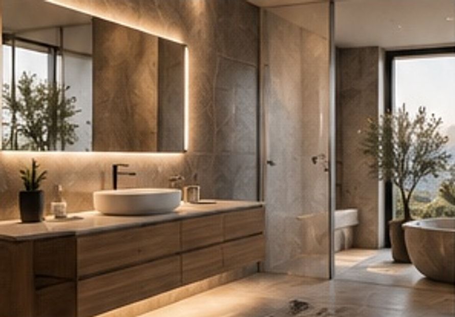 Salle de bain en pierre et bois, meuble vasque suspendu et baignoire îlot