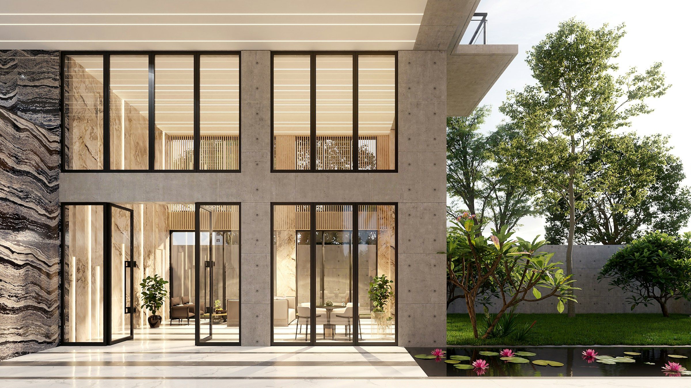 Maison contemporaine en pierre naturelle et béton, grandes baies vitrées et jardin