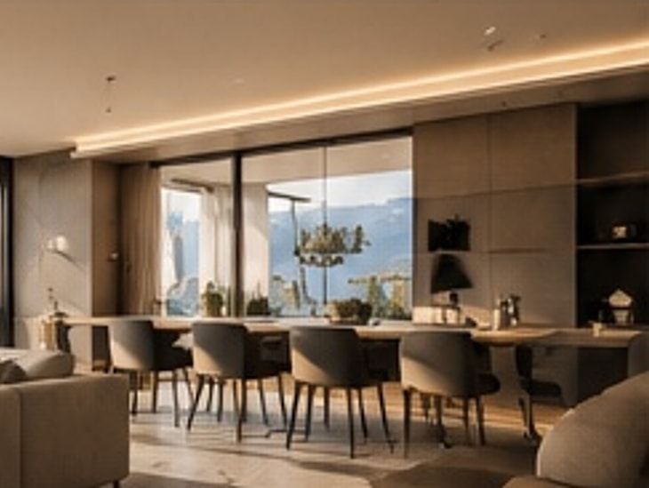 Espace repas lumineux, table en bois et éclairage indirect au plafond