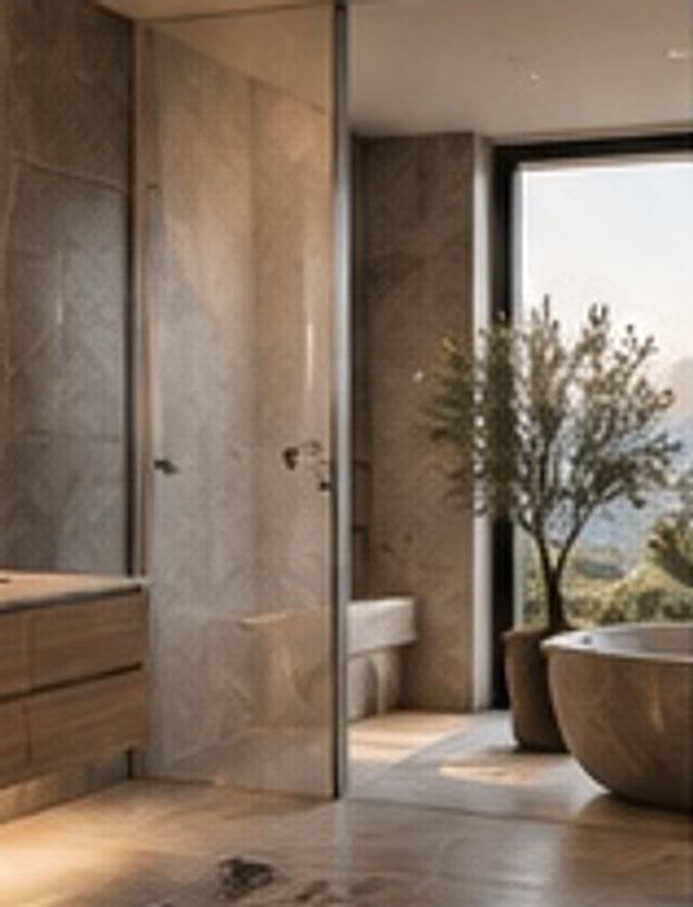Salle de bain en pierre naturelle, douche vitrée et baignoire îlot devant une large fenêtre